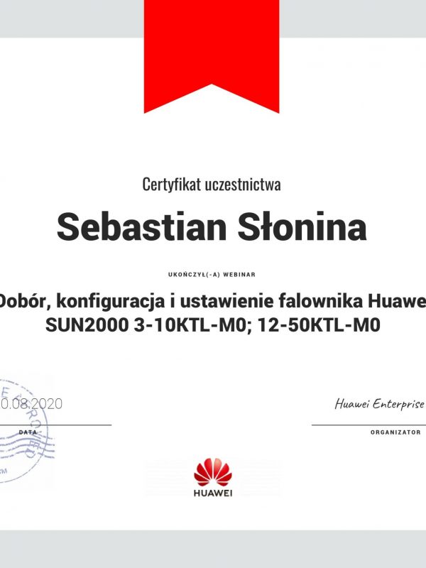 20.08.2020 Certyfikat falownik Huawei