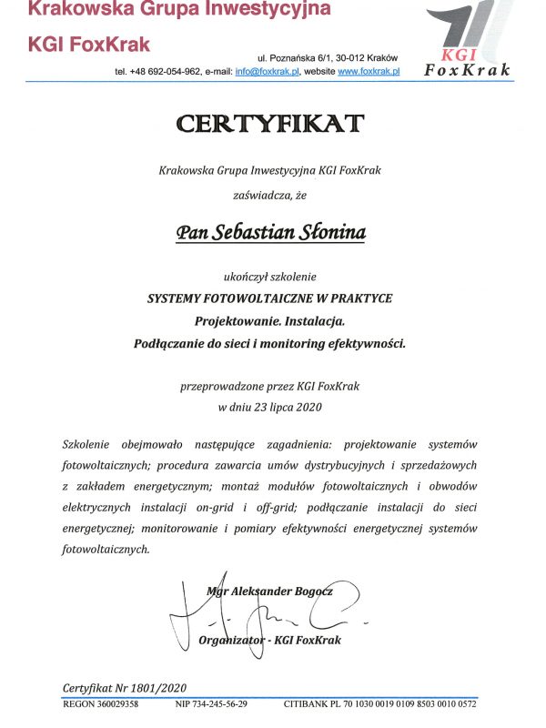 Certyfikat Fotowoltaika Projektowanie Instalacje-1