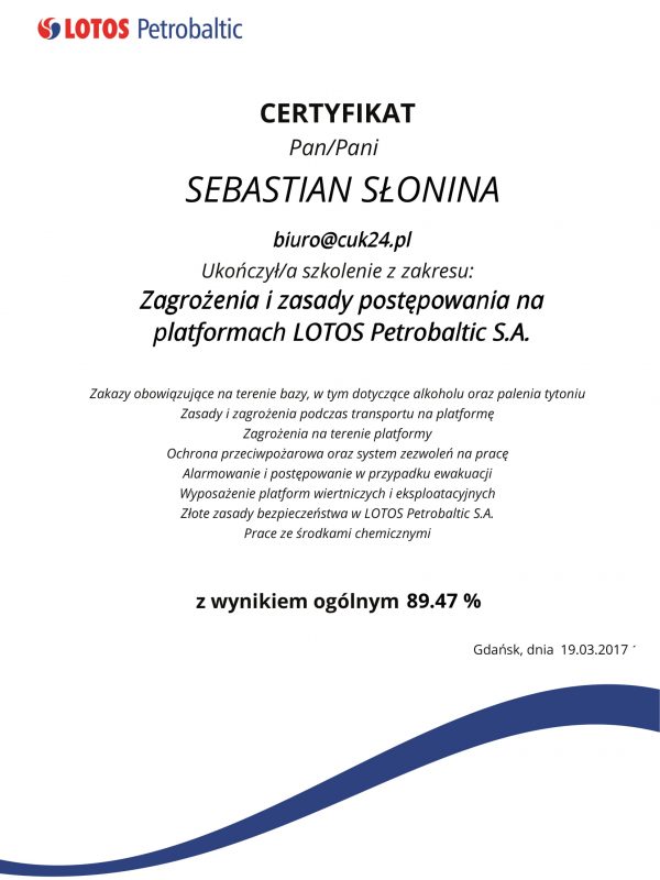 Certyfikat Zagrożenia_i_zasady_postępowania_na_platformach_LOTOS_Petrobaltic_S.A_-1