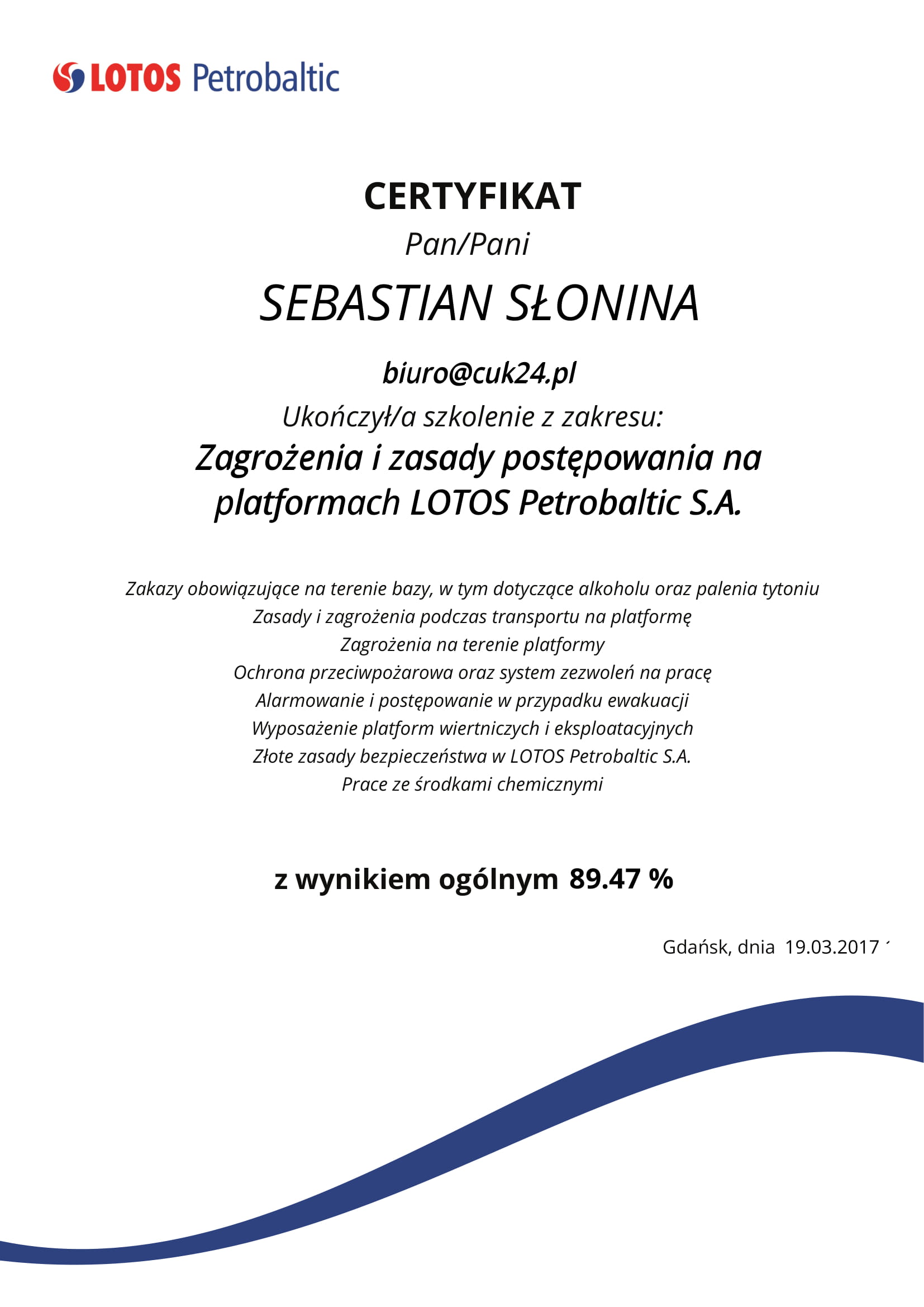 Certyfikat Zagrożenia_i_zasady_postępowania_na_platformach_LOTOS_Petrobaltic_S.A_-1